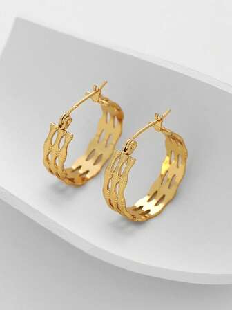 1pair 18K Gold Plated Stainless Steel Fashion Hollow Out Design Geometry Hoop Earrings For Women's Daily Gathering Jewelry