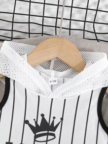 2pcs/Set Baby Boy Casual Sports Beach Style Mesh Sleeveless Hoodie Top With Letter Print & Shorts Set For Summer - Black - View 3