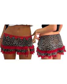 Women Mini Short Skirt Low Waisted Leopard Print Ruffle Lace Edge Fashion Short Skirt - Red - View 2