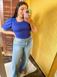 PRINCESS PUFFED SLEEVE RIBBED TOP FOR WOMEN - Blue - View 3