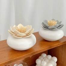 Chinese stijl Lotusbloem patroon tandenstokerhouder, draagbare bamboe tandenstoker opbergdoos, transparante deksel desktop decoratie organizer, creatieve tandenstoker & tandzijde container