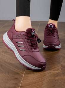 青少年女孩舒适软底透气跑步鞋，防滑耐磨缓冲运动鞋，时尚休闲鞋，带松紧带，无鞋带，穿脱方便 - 酒紅色 - 查看 1