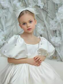 Tween Girl Pearl Puff Sleeve Bow Graduation Party White Dress, Elegant Princess Dress Suitable For Girls Dresses, Birthday Party, Teenage Formal Dress, Flower Girl Wedding Gown, Holiday Celebration