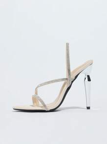 女士闪亮水晶装饰尖头踝带高跟凉鞋，适合夜店、派对、户外、时尚优雅宴会、春夏 - 米色 - 查看 4