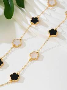 1 pieza Elegante collar de cadena larga con colgante de trébol negro y blanco, apropiado para uso casual diario - Blanco y Negro - Ver 4