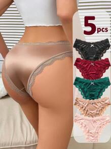 5pcs Elegant High-Waist Bikini Panties For Women, Seamless Knit Fabric With Contrast Lace & Bow Detail, Soft & Comfortable, Assorted Solid Colors (Black, Red, Green, Beige, Light Pink) - Hand Wash Or Dry Clean - 混合顏色 - 查看 1