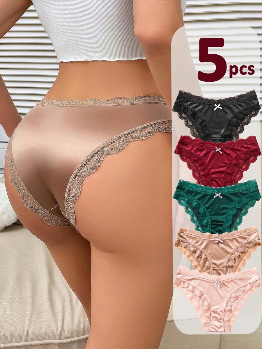 5pcs Elegant High-Waist Bikini Panties For Women, Seamless Knit Fabric With Contrast Lace & Bow Detail, Soft & Comfortable, Assorted Solid Colors (Black, Red, Green, Beige, Light Pink) - Hand Wash Or Dry Clean - 混合顏色 - 查看 1