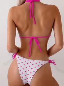 Sexy Heart & Cherry Print Halter Neck Bikini Set - Multicolor - View 2