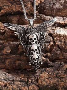 1pc Retro Gothic Style Skeleton Wing Pendant Necklace, Fashionable & Unique Halloween Accessory - Silver - View 6
