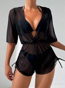 3pcs/Set Women Tropical Floral Print Halter Bikini Swimsuit With Adjustable Tie, Triangle Top, Bottom & Cover Up Skirt Dress For Beach Vacation - Black - View 2