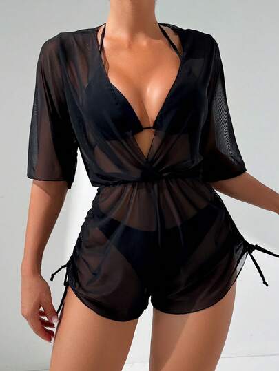 3pcs/Set Women Tropical Floral Print Halter Bikini Swimsuit With Adjustable Tie, Triangle Top, Bottom & Cover Up Skirt Dress For Beach Vacation