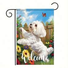 1pc Charming White Maltese And Butterfly Floral Double Sided Garden Flag - Suitable For All Seasons, Ideal For Patio, Lawn, Farmhouse Decor, 12x18 Inches, Without Flagpole,Garden Flags In Spring And Summer Seasons. ﻿