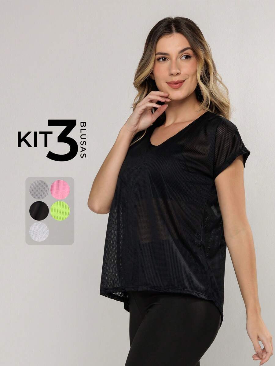 Kit 3 Women's Dry Mesh Tops Gym Fitness - Nhiều màu - Xem 1