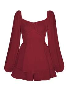 Women Puff Long Sleeve Romper Off Shoulder Ruffle Flowy Short Jumpsuit Layered Pirate Dress With Shorts Playsuit - Burgundy - View 7