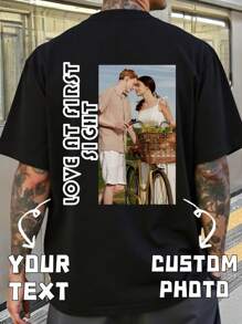 Personalized Custom Men's T-Shirt, Input Your Text/Blessing/Interesting Text, Upload Your Photo/Couple/Lover/Best Friend/Pet/Landscape/Family, Black T-Shirt, Valentine's Day, Holiday Gift, Anniversary Gift, Company Team Building Uniform, Music Festival, Gift For Him, Men's Round Neck Short Sleeve T-Shirt Top, Party, Men's Black Short Sleeve Top - Black - View 1