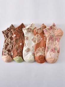 5/10/20 pares Calcetines cortos y versátiles para mujer con patrón de flor 3D en relieve, estilo retro, transpirables