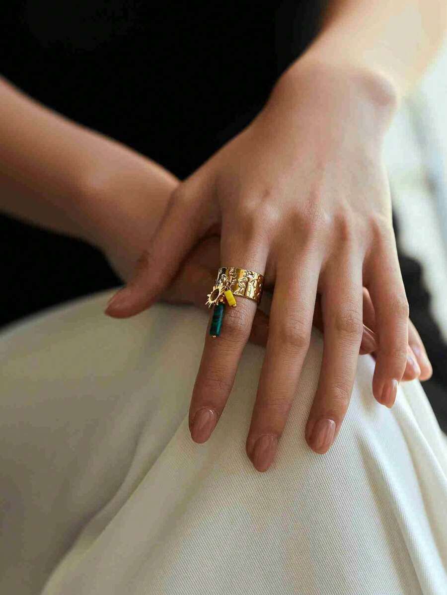 1 件复古 18K 不锈钢纯色星爆单开口戒指