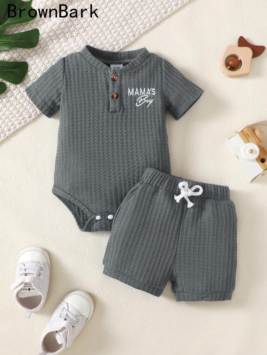 BrownBark 2pcs Baby Boys Summer Newborn Infant Cute "MAMA'S Boy" Embroidered Solid Color Short Sleeve Bodysuit & Shorts Set, Soft Comfortable Adorable Casual Outfit For Indoor Daily & Outdoor Wear
