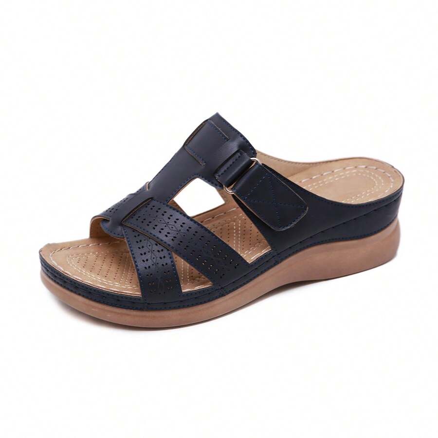 SMajong Women's Wedge Heel Thick Sole Sandals, Retro Summer Shoes, Women's Casual Thick Sole Sandals, Non-Slip Beach Sandals, Leather Slippers, Fashionable And Versatile - 藏蓝色 - 查看 1