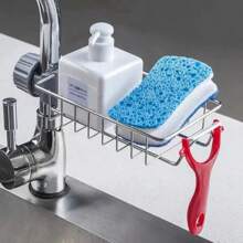 1 stuk roestvrijstalen kraan opbergrek - voor keuken gootsteen-kraan accessoires, voor sponzen, borstels, handdoeken en schoonmaakgereedschap plaatsing, hangende mand spons afvoerrek, gootsteen opbergrek, vaatdoek rek, huishoudelijke vaatdoek afvoerrek hangende mand