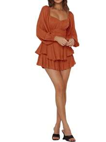 Women Puff Long Sleeve Romper Off Shoulder Ruffle Flowy Short Jumpsuit Layered Pirate Dress With Shorts Playsuit - Brown - View 4