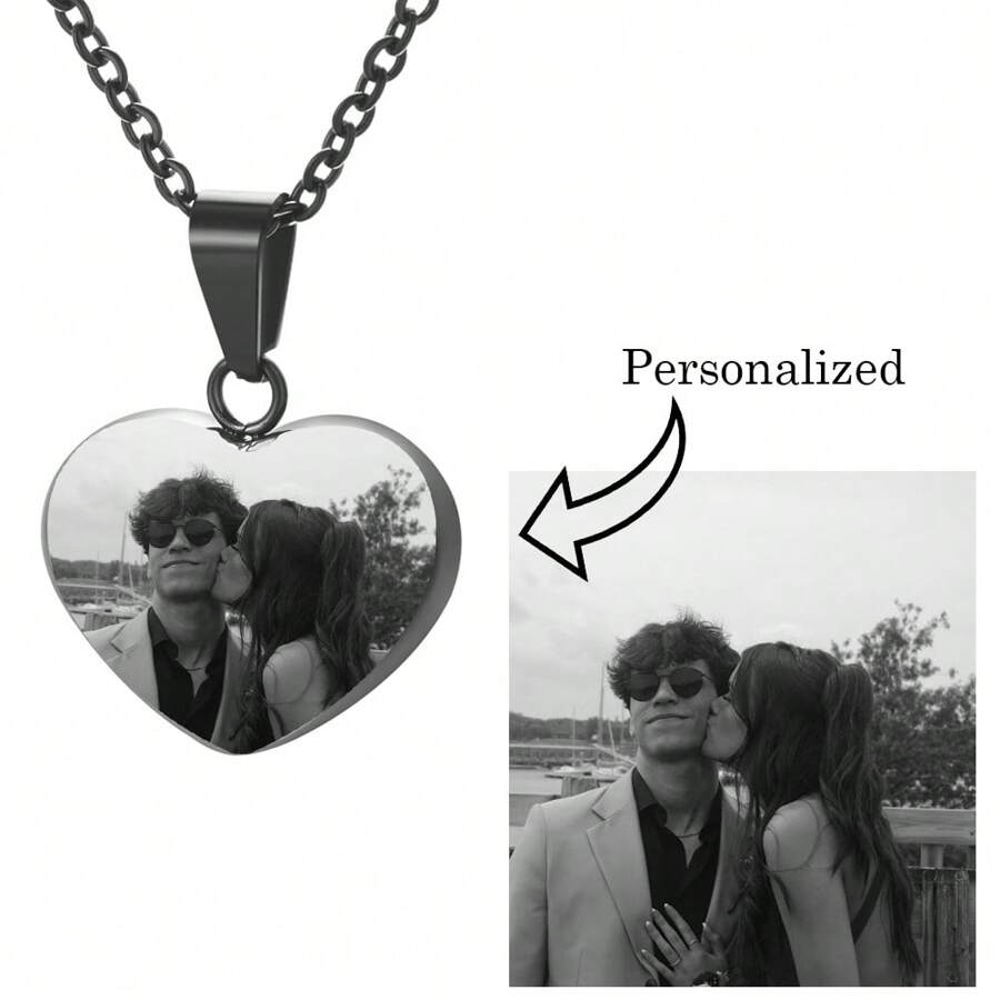 Personalized Photo Necklace, Stainless Steel 3D Heart-Shaped Pendant, Customize With Your Pet, Lover, Child, Family, Black & White Photo, Picture, Keychain, Necklace, Holiday Gift, Souvenir Gift - Black - View 1