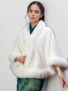 1pc Retro Solid Color Shawl, Cloak Poncho Jacket With Faux Pearl Buttons And Fluffy Trim, Thick Warm Lining, Suitable For Qipao, Evening Dress, Versatile Outerwear For Spring, Autumn, Winter - A - View 3