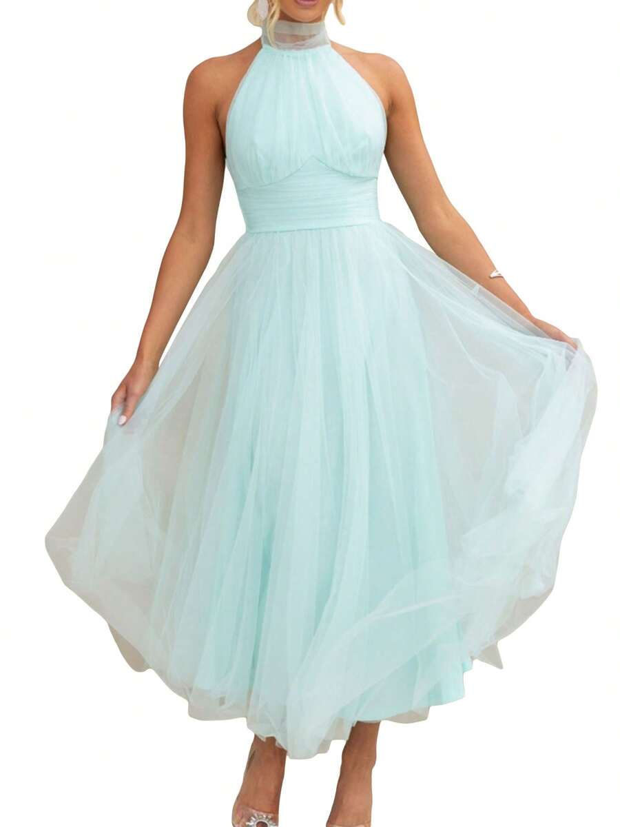 Womens Backless Long Dress Adjustable Tie Halter Neck Tulle High Waist Solid Cocktail Party Wedding Dress - 淺藍色 - 查看 1