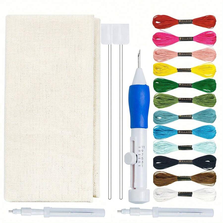 1 Set Embroidery Punch Needle Kit Includes 12 Color Embroidery Hoops And Fabric, Punching Needle, Magic Embroidery Pen For Embroidery Threading, DIY Sewing Craft Kit (Random Color) - Multicolor - View 1