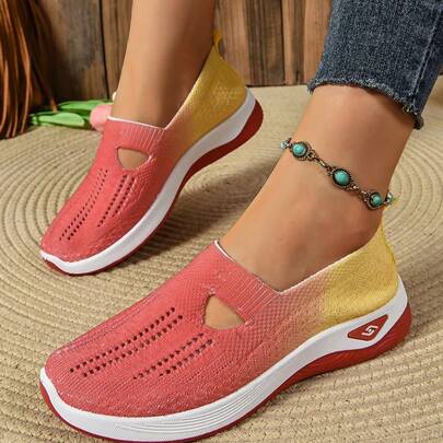 Zapatos blandos, transpirables y ortopédicos tejidos para mujer, zapatos diabéticos de tipo slip-on con suela antideslizante y soporte del arco del pie