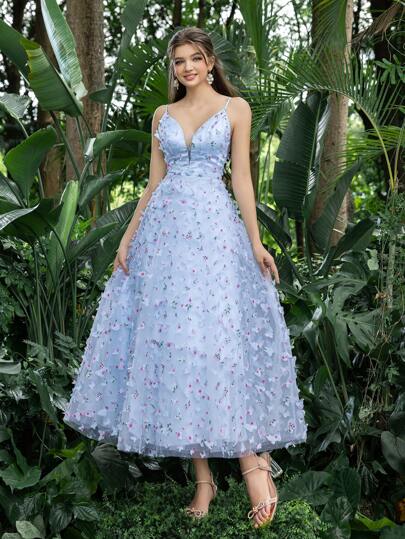 Floral Applique Plunging Neck Tulle Cami Homecoming Party Dress, Perfect Wedding Guest Dress, For Back To School, Gathering, Dance & Cocktail Events, Formal Dress, Evening Dress,Gown
