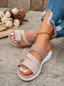 2026 Spring/Summer New Women Flat Sandals, Comfortable Non-Slip Hook And Loop Casual Beach Slippers, Adjustable Strap, Plus Size Wedge - Dusty Pink - View 5