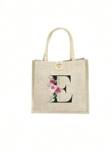 1 pieza Bolso de mano con flor de lino y letra, bolso de gran capacidad sencillo, bolso de almacenamiento casual portátil, bolsa de compras multifuncional, bolsa de regalo personalizada, adecuada para bodas, cumpleaños, playas, festivales, regalos perfectos para mujeres, maestros, amigos, damas de honor, bolsos grandes, estudiantes y vuelta a clases
