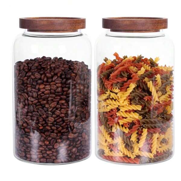 1PC Large Glass Jar With Airtight Lid Glass Canister Set, Glass Food Containers Wooden Lid Suit For Kitchen Pantry For Flour, Tea, Coffee Beans, Sugar, Cookies Glass Jar With Wooden Acacia Airtight Lid,Large Glass Storage Jar, Cereal Dispenser Jars