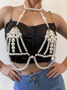1pc Vintage Sexy Bohemian Pearl Bead Chain Fringed Necklace Backless Bikini Chain Top, Fashion Accessory Suitable For Women