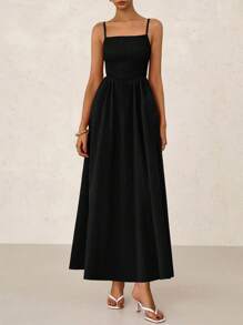 Women's Pleated Long Dress Summer Beach Sundress Casual Holiday  Straps Swing A-Line Long Flowing Dress - màu đen - Xem 4