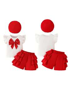 Toddler Girl Summer Clothes Big Pearl Bow Flutter Sleeve Round Neck Tops + Ruffled Shorts + Beret 3 Pcs Set - Red - View 2