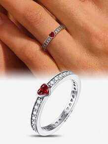 1pc Fashiona Sterling Silver Classic Teardrop Shaped Ring, Valentine's Day, Christmas, Birthday Gift For Couples, Charm Deluxe Drop Ring Gift For Woman - Half Circle Heart Inlaid With Diamonds - View 1