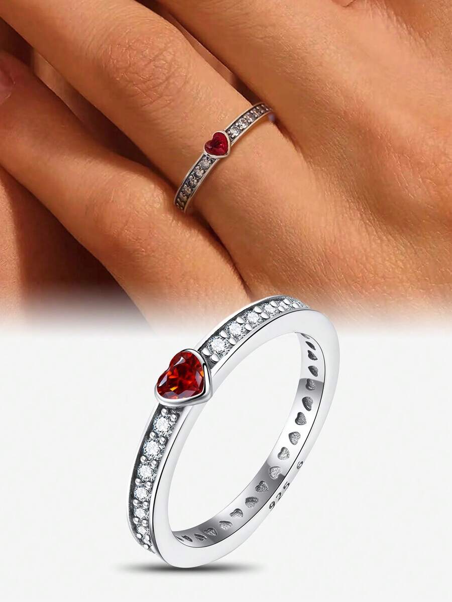 1pc Fashiona Sterling Silver Classic Teardrop Shaped Ring, Valentine's Day, Christmas, Birthday Gift For Couples, Charm Deluxe Drop Ring Gift For Woman - Half Circle Heart Inlaid With Diamonds - View 1