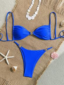 Women's Sexy Bikini 2 Pieces Set, With Glossy Accessories And Special Fabric - Royal Blue - View 1
