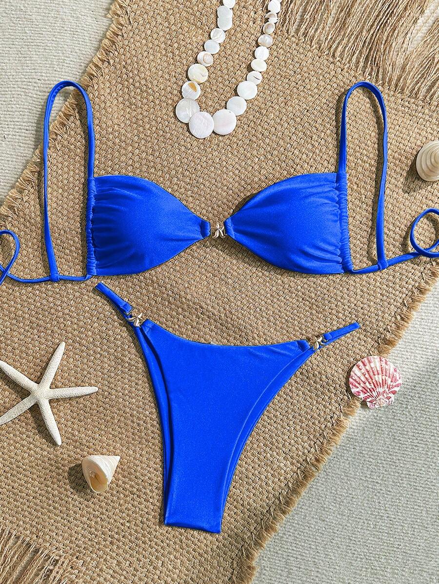 Women's Sexy Bikini 2 Pieces Set, With Glossy Accessories And Special Fabric - Royal Blue - View 1
