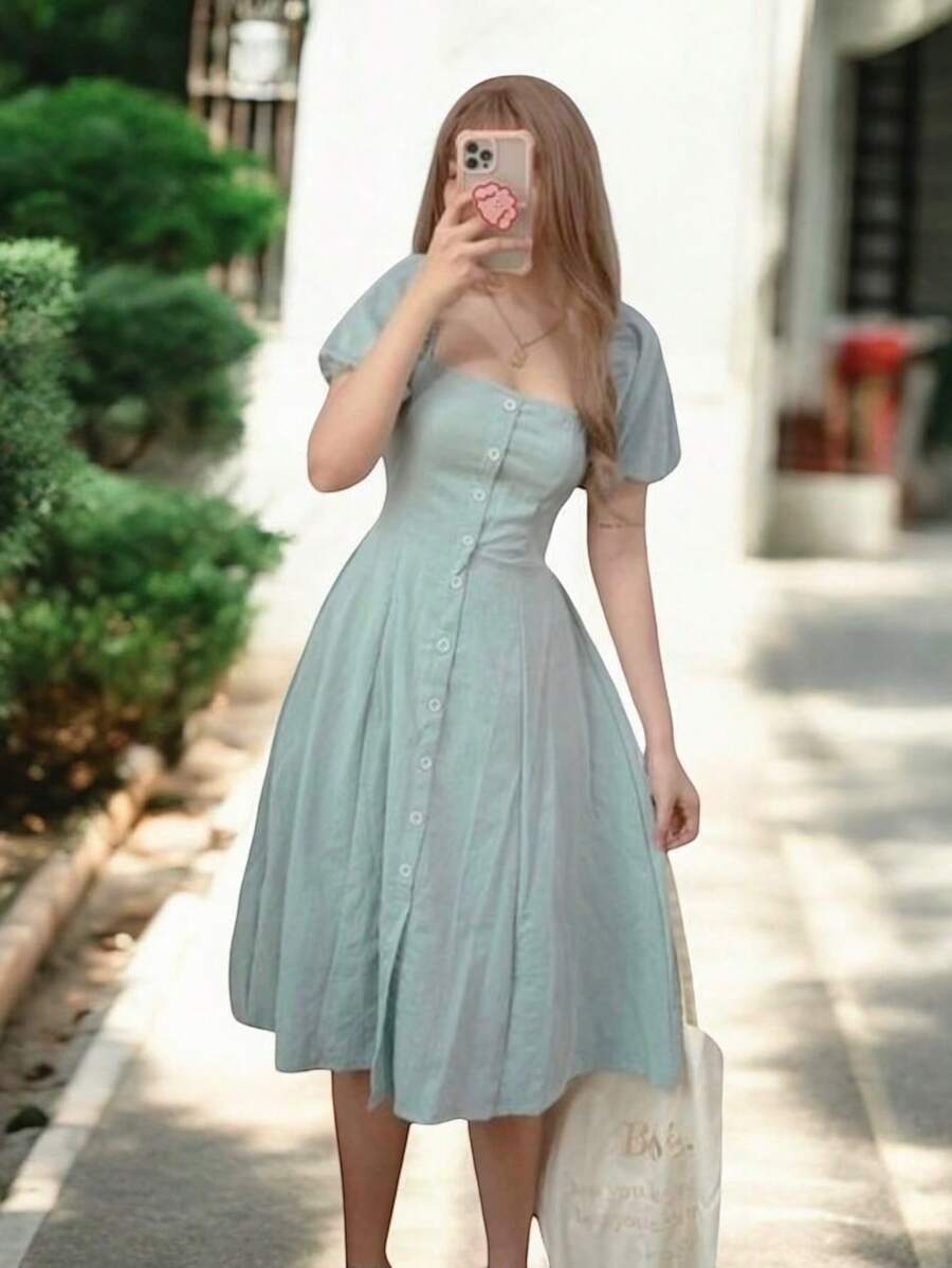 Vestido con Manga Abullonada. - verde menta - Ver 1