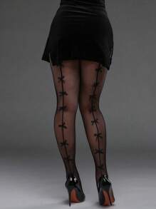 1pc Women Plus Size High Stretchy Vertical Striped Fishnet Tight Pants With Bowknot, Costume Pantyhose-Suitable For Women Weighing 165lbs Or Less - Black - View 7