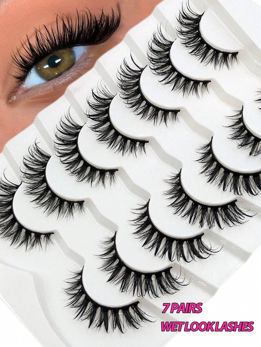 Asiteo 7 Pairs Moisturizing Glossy Thick & Fluffy Full-Frame False Eyelashes, Faux Mink Lashes, Suitable For Parties, Cosplay, Cartoon Styles And More - 尖尾漫畫款 - 查看 1