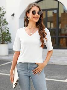 HIGHFINE Women's V Neck Short Sleeves T Shirt  Solid Casual T Shirt - 白色 - 查看 4