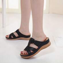 SMajong Women's Wedge Heel Thick Sole Sandals, Retro Summer Shoes, Women's Casual Thick Sole Sandals, Non-Slip Beach Sandals, Leather Slippers, Fashionable And Versatile - 藏蓝色 - 查看 7