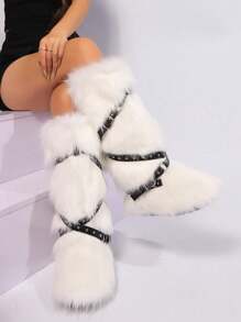 Women's Retro Lace-Up Faux Fur Snow Boots, Furry Tall Boots, Fashion Versatile Winter Outdoor Warm Boots - White - View 5