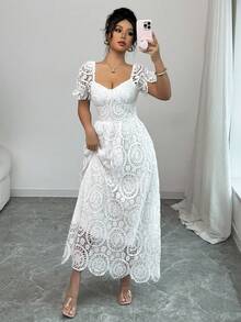 女士休闲纯色花朵镂空短袖连衣裙，优雅白色长裙