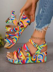 Women's Abstract Color Wedge Sandals, Casual Open Toe Thick Bottom Shoes, Comfortable Ankle Strap Sandals - Color - View 2