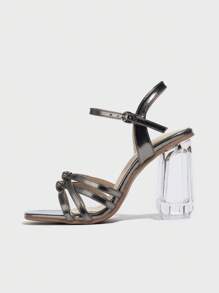 女士时尚方头一脚蹬凉鞋，透明水晶鞋跟金属皮革高跟鞋，时尚派对和户外凉鞋，适合所有场合